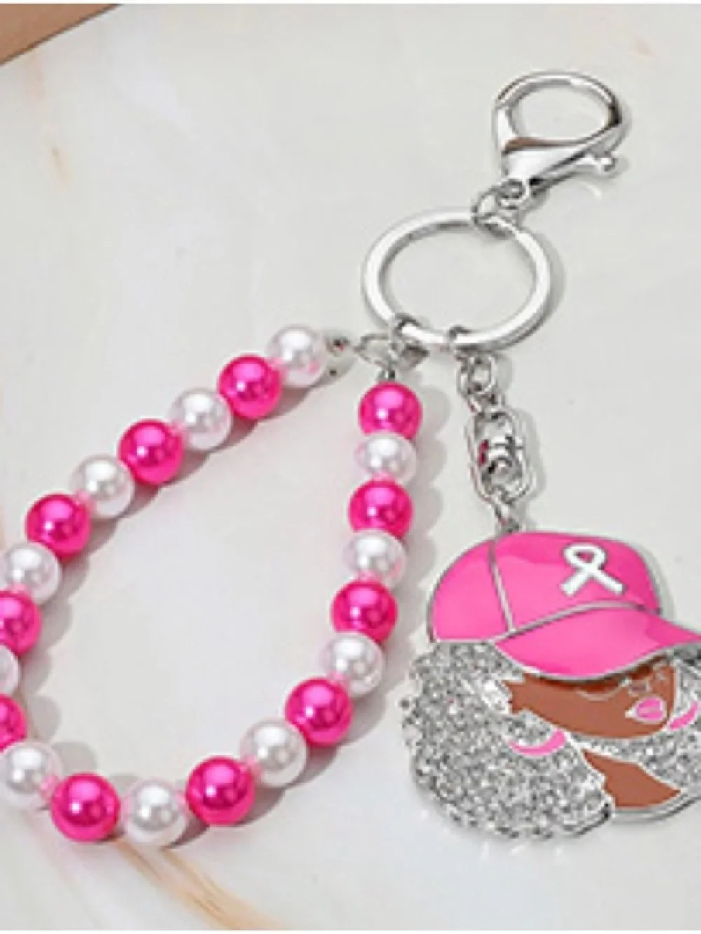 Pink Pearl Beaded Keyring with Breast Cancer Awareness Charm